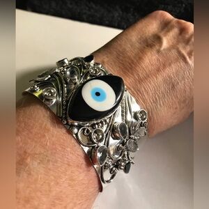 Evil Eye Blue Sapphire 925 Sterling Silver Cuff Bracelet